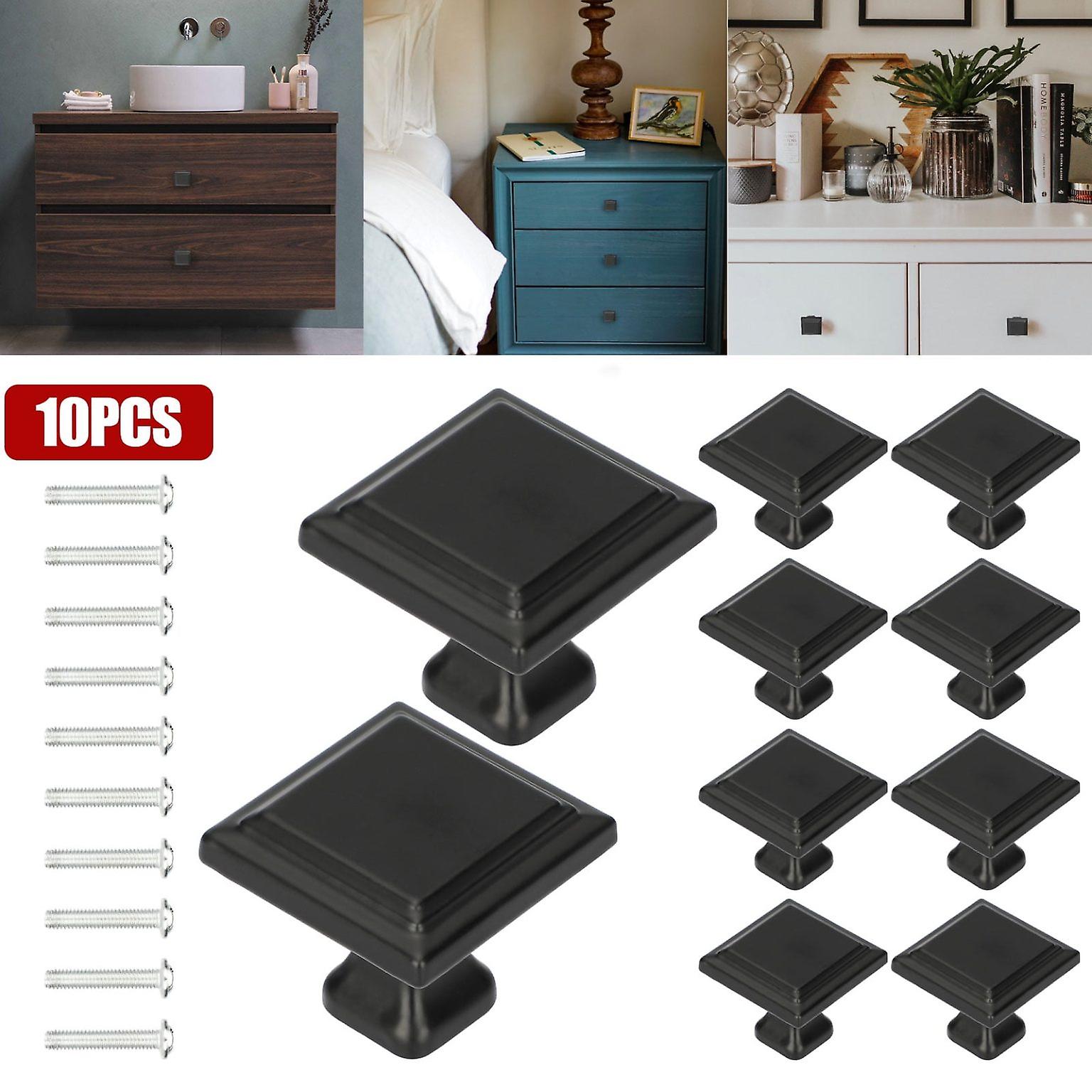 10 Pcs Square Cabinet Knob, Black Pull Handle Drawer Knobs (1.2''), with Fi