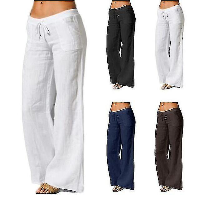 Coton Pour Femmes Lin Large Jambe Pantalon Solide Décontracté Élastique Taille Pantalon Long