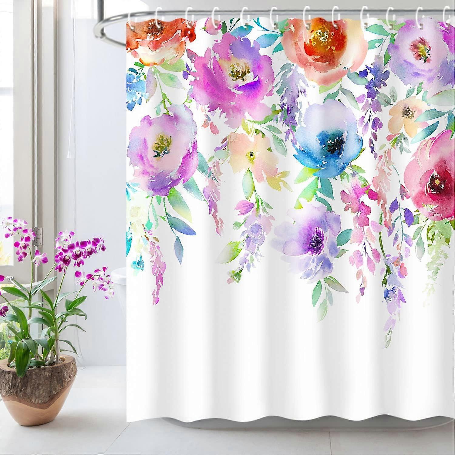 水彩花のシャワーカーテン、フック付きカラフルな花のバスルームカーテン72 "W x 72" H洗濯機で洗える生地のバスルームの装飾