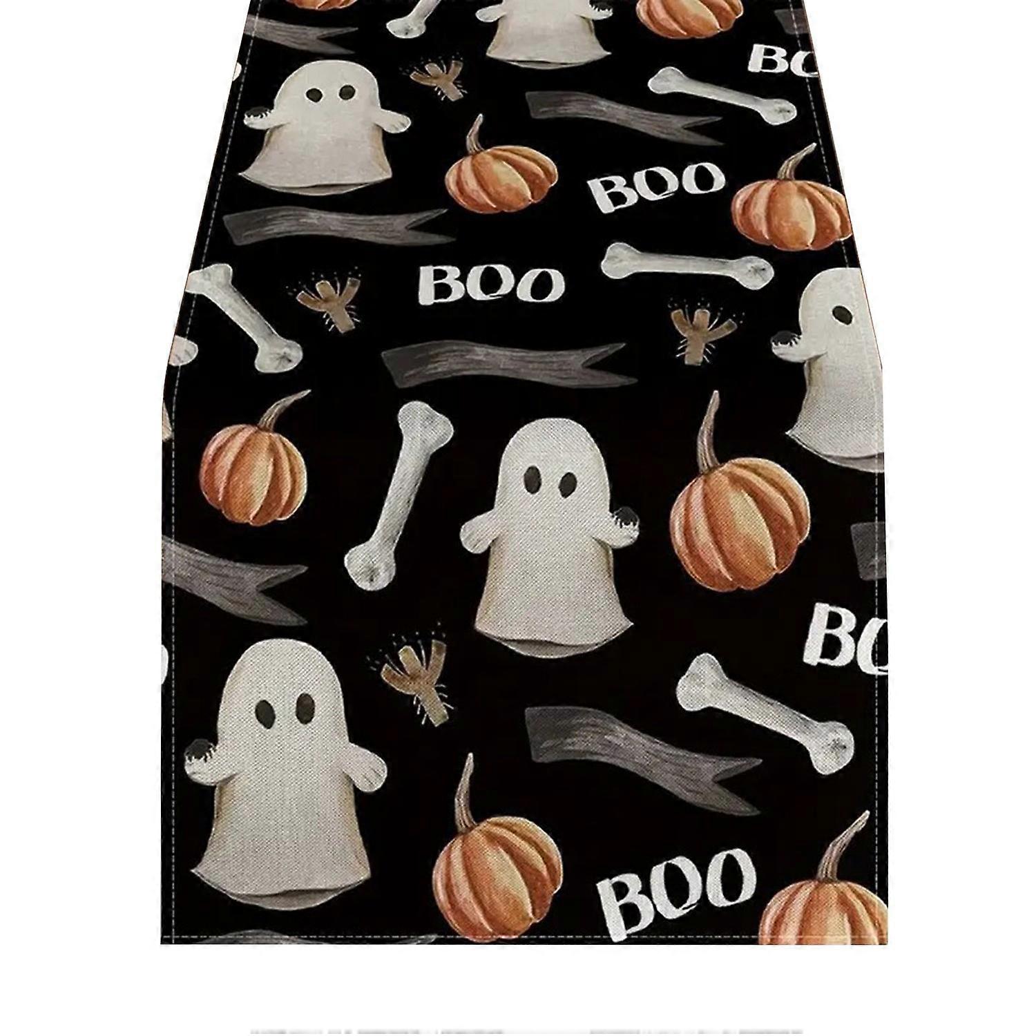 Halloween Table Runner Spider Web Pumpkin Cartoon Ghost Print No Shrinkage Rectangle Easy Care Table