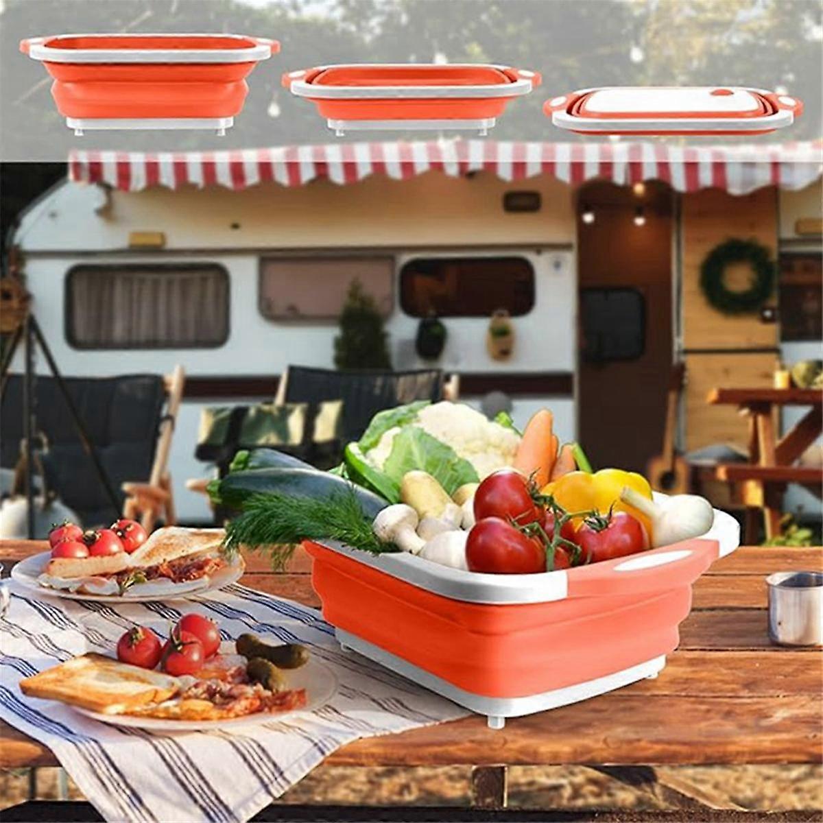 Collapsible Cutting Board,Chopping Board Foldable Camping Dishes Sink Space Saving 3 in 1 Multifunction Storage Basket-C
