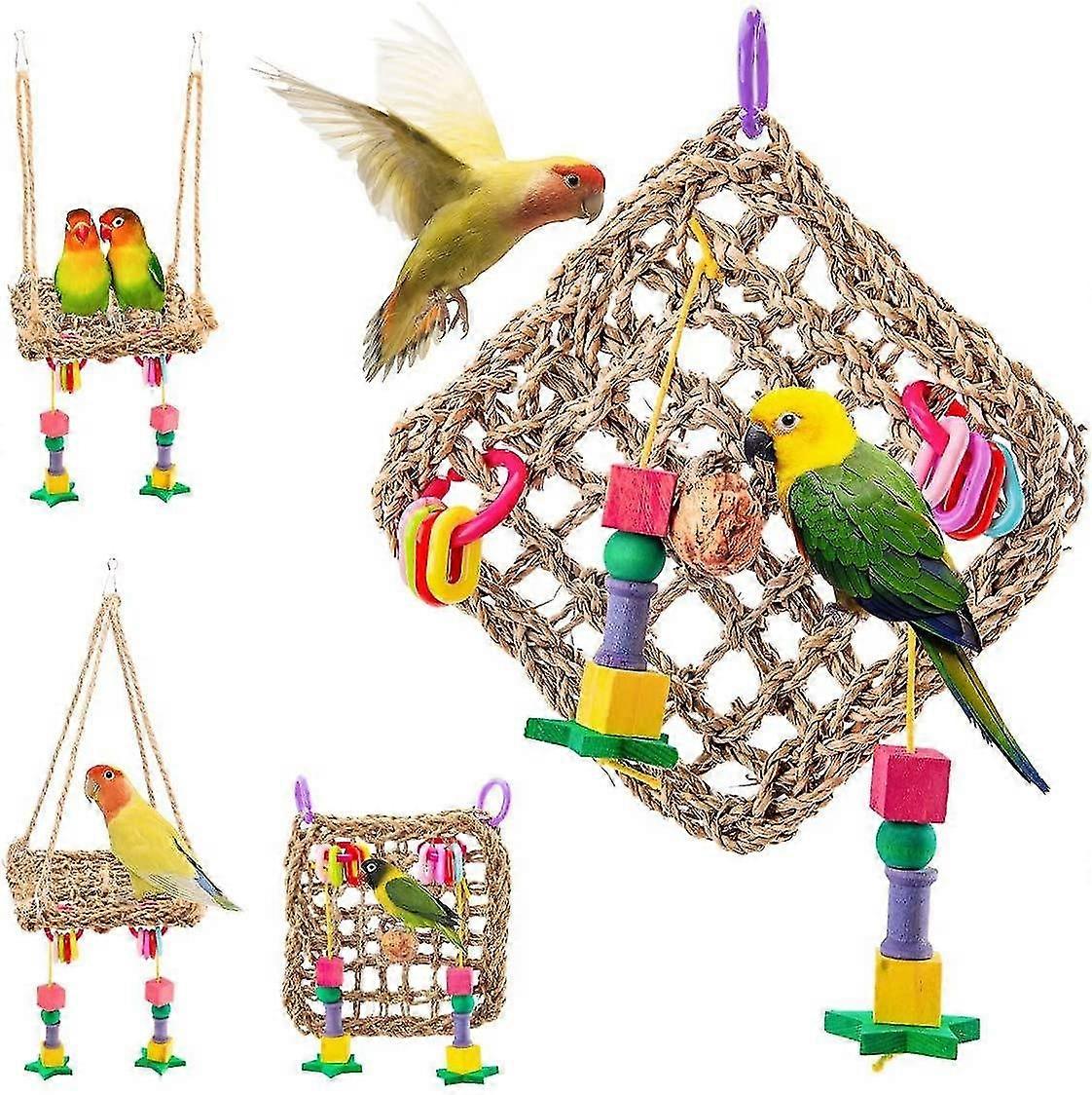 Straw Braid Rope Net Hammock Ladder Bird Foraging Wall Toy With Hanging Hook