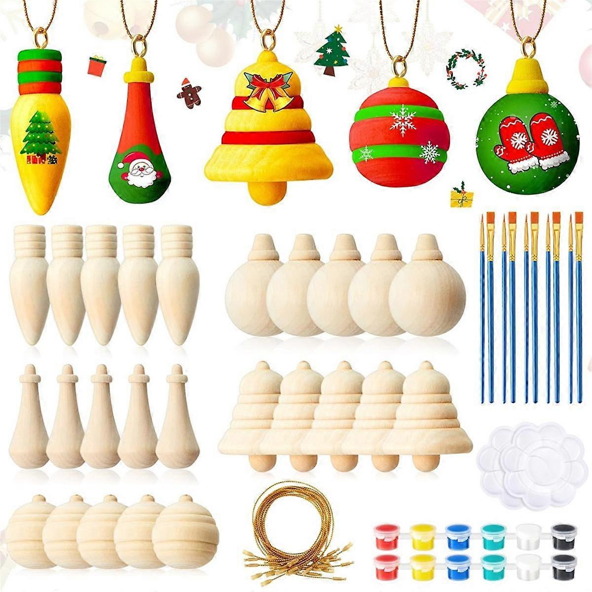 30 Unfinished Crafts Wooden Decorations Holiday Hanging Ornaments with Paint Supplies for DIY Art P
