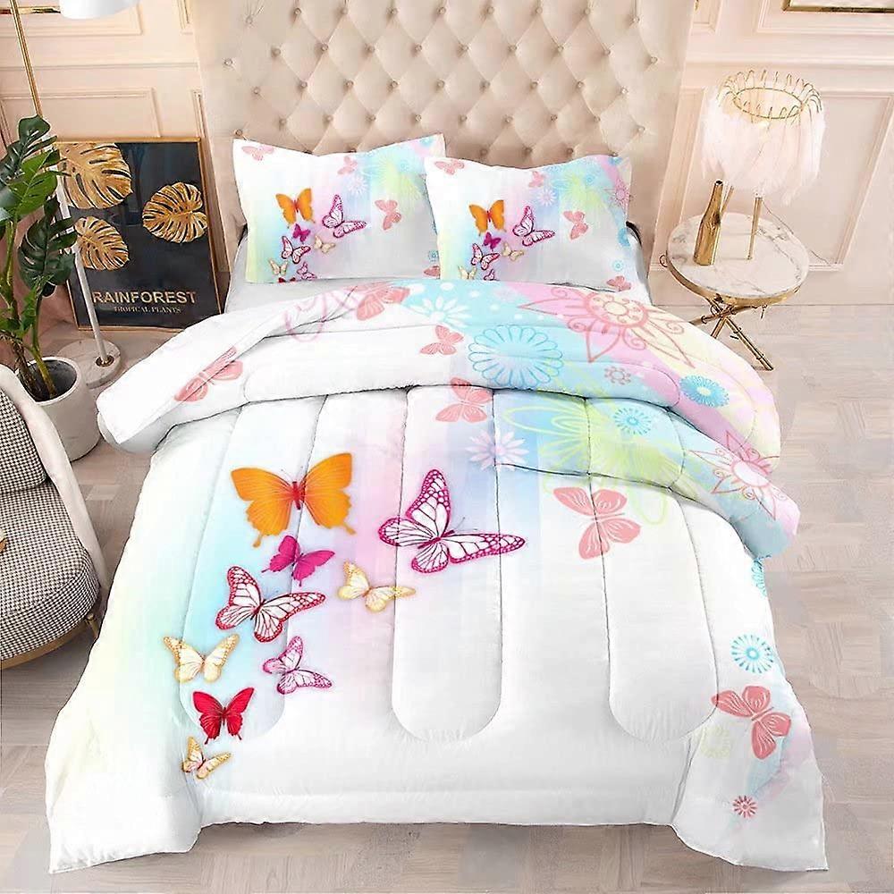 Girls Butterfly Comforter Set, Romantic Spring Colorful Flying Butterflies Flower Print Ultra Soft and Breathable Microfiber Fill Warmth Down Quilt Se