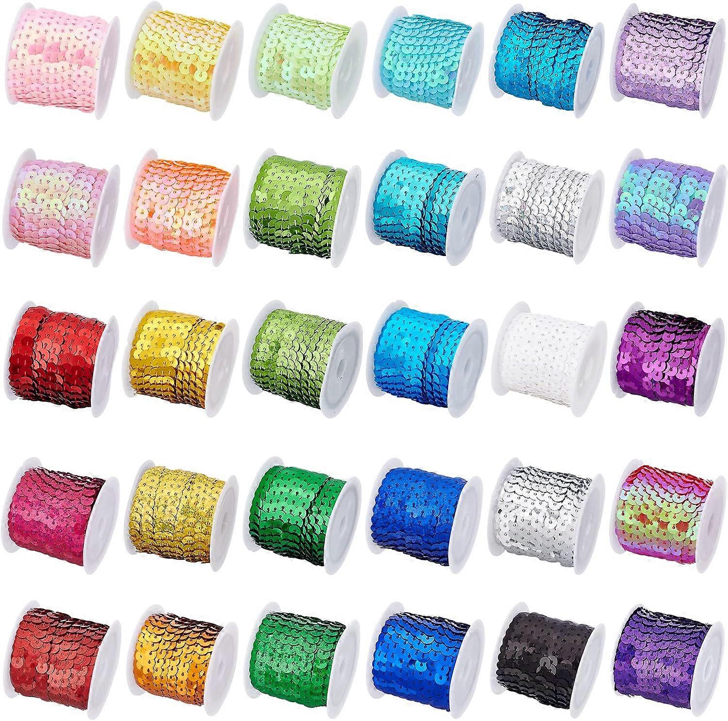 30 Color Flat Sequin Strip 6mm Spangle Flat Sequins Paillette Trim String Sequins Ribbon Metallic Shiny Trim Sewing String for Mermaid Crafts Embellis