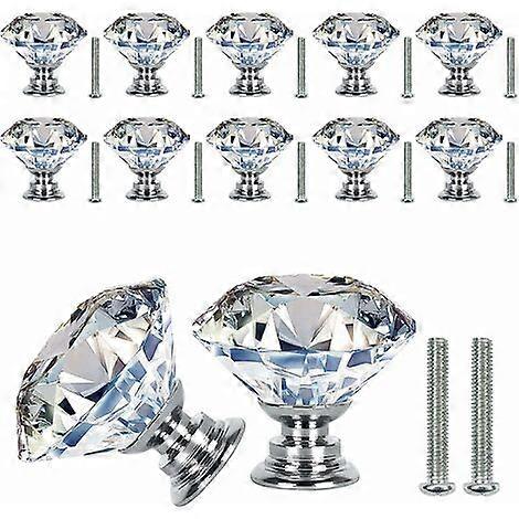 12PCS 40mm Clear Diamond Door Knobs with Screws Crystal Cabinet Drawer Pull
