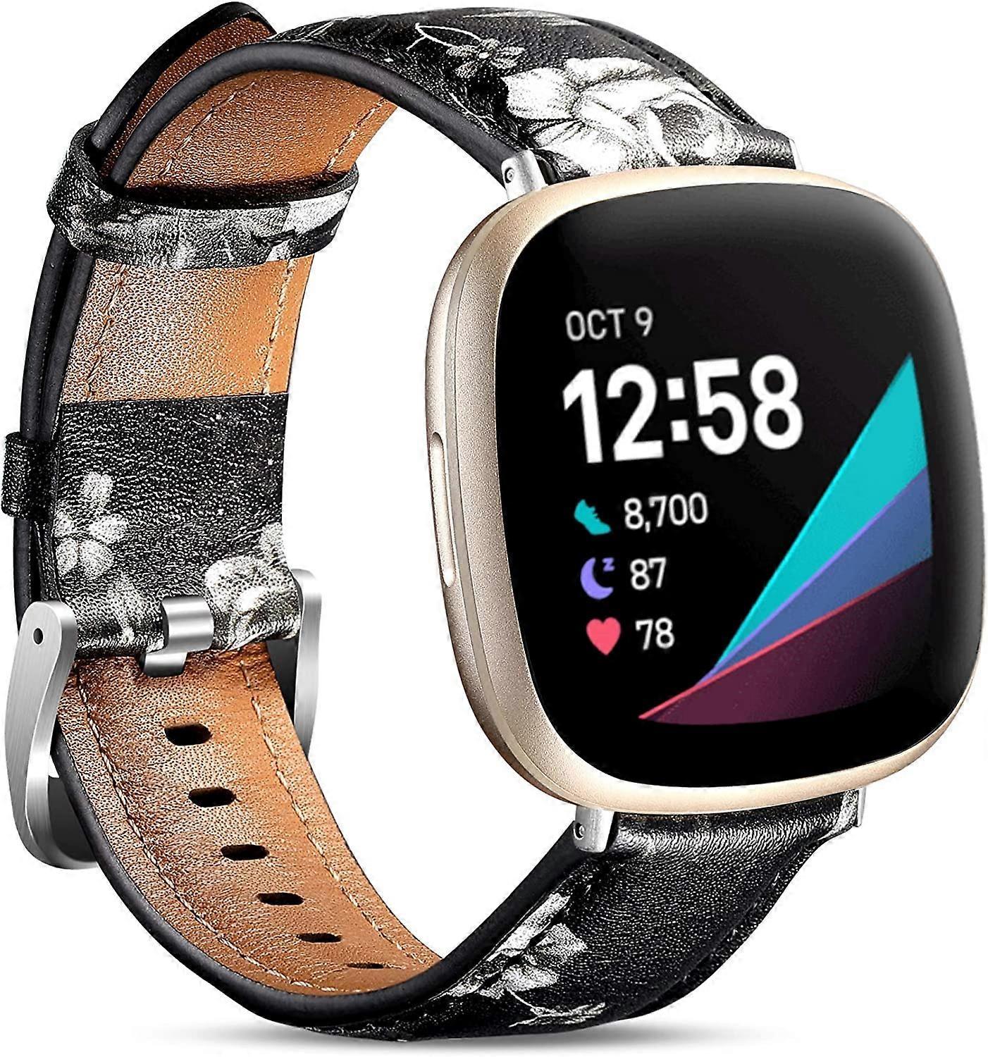 Compatible with Fitbit Versa 3 and Fitbit Sense Bands for Women Men, Top Grain Leather Band Slim Strap Replacement Pattern Wristband for Sense & Versa