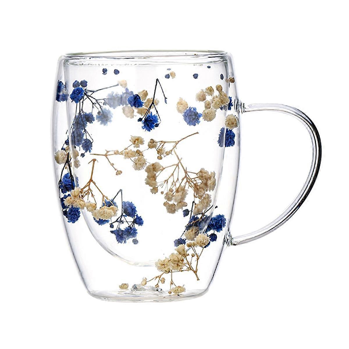 Verre double créatif à fleurs véritables, aspect haut de gamme, pleine étoile, fleurs séchées, lait, café, 350 ml, tasse ménagère C