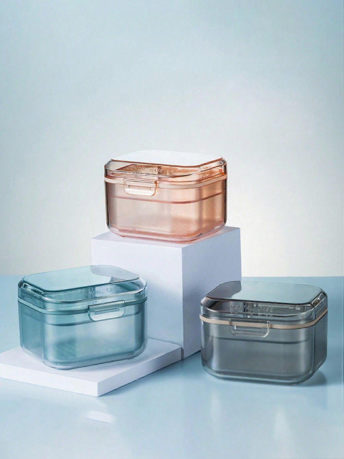 3 Tiers Denture And Retainer Box Clear Denture Soak Case Container And Denture Brush, Portable Mouth Guard Holder Case With Strainer, Partial Denture