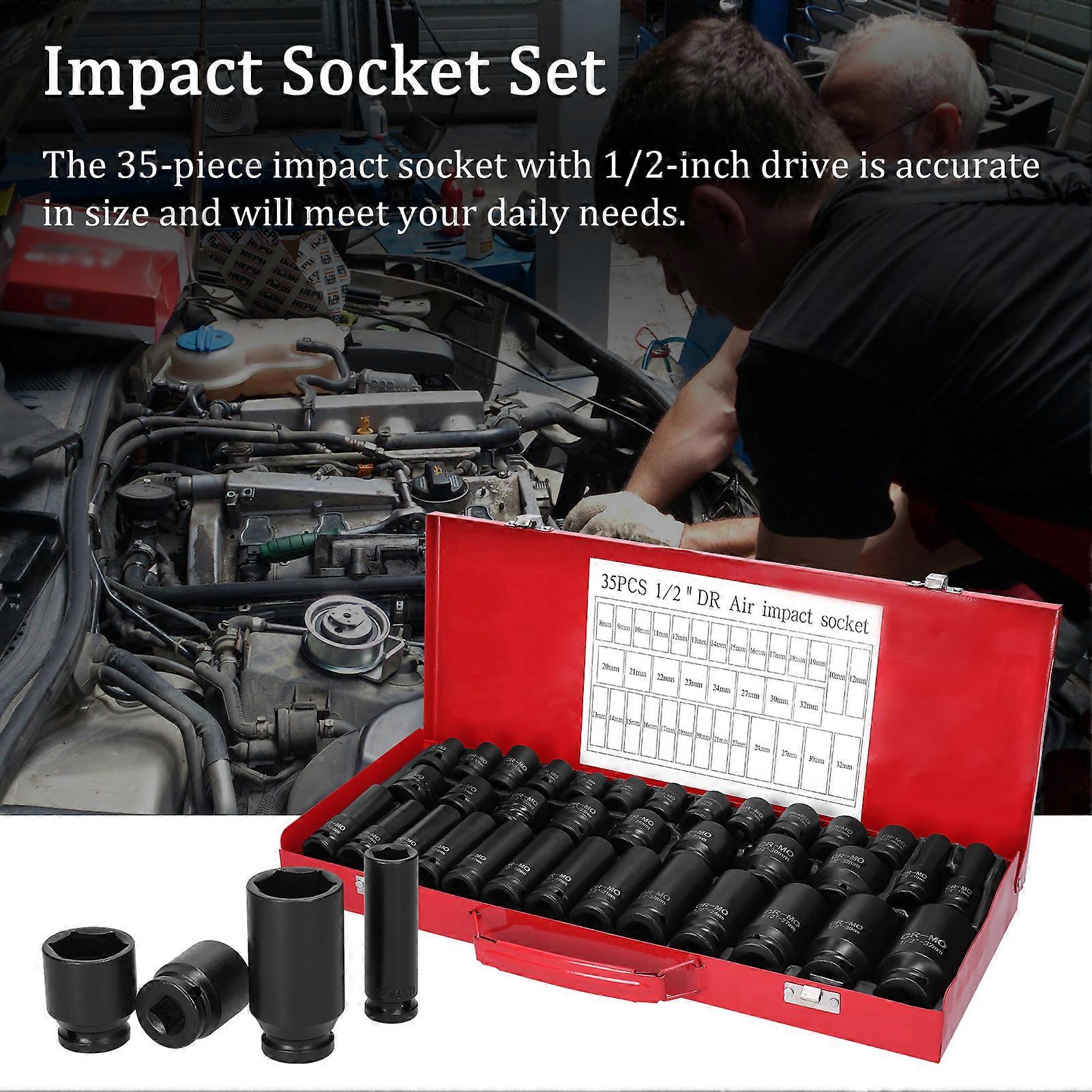 35PCS 12.5mm Air Impact Socket Set 1/2inch Drive Chrome Vanadium Steel Pneumatic Socket Kit Car Repairing Tool Kit