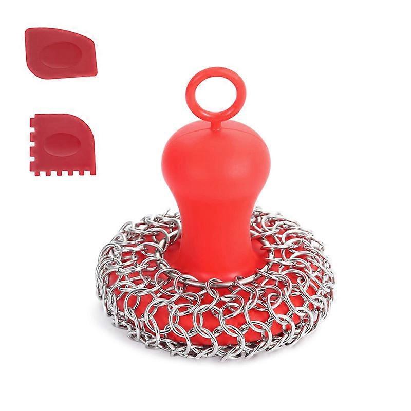 Cast Iron Chainmail Scrubber + Pan , for Cast Iron Pans Red