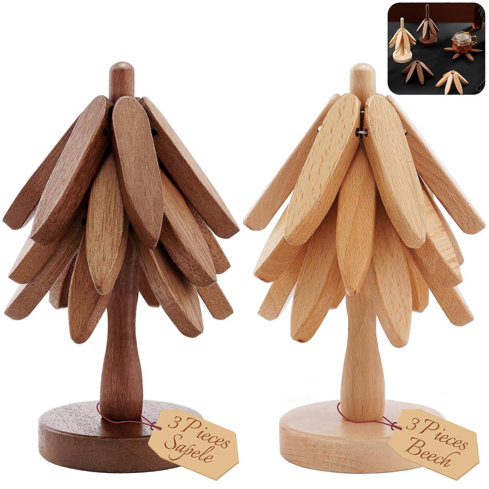6 PCS Tree-Shaped Collapsible Walnut Wood Trivets for Kitchen Counter Table Home Essentials 8 Inches