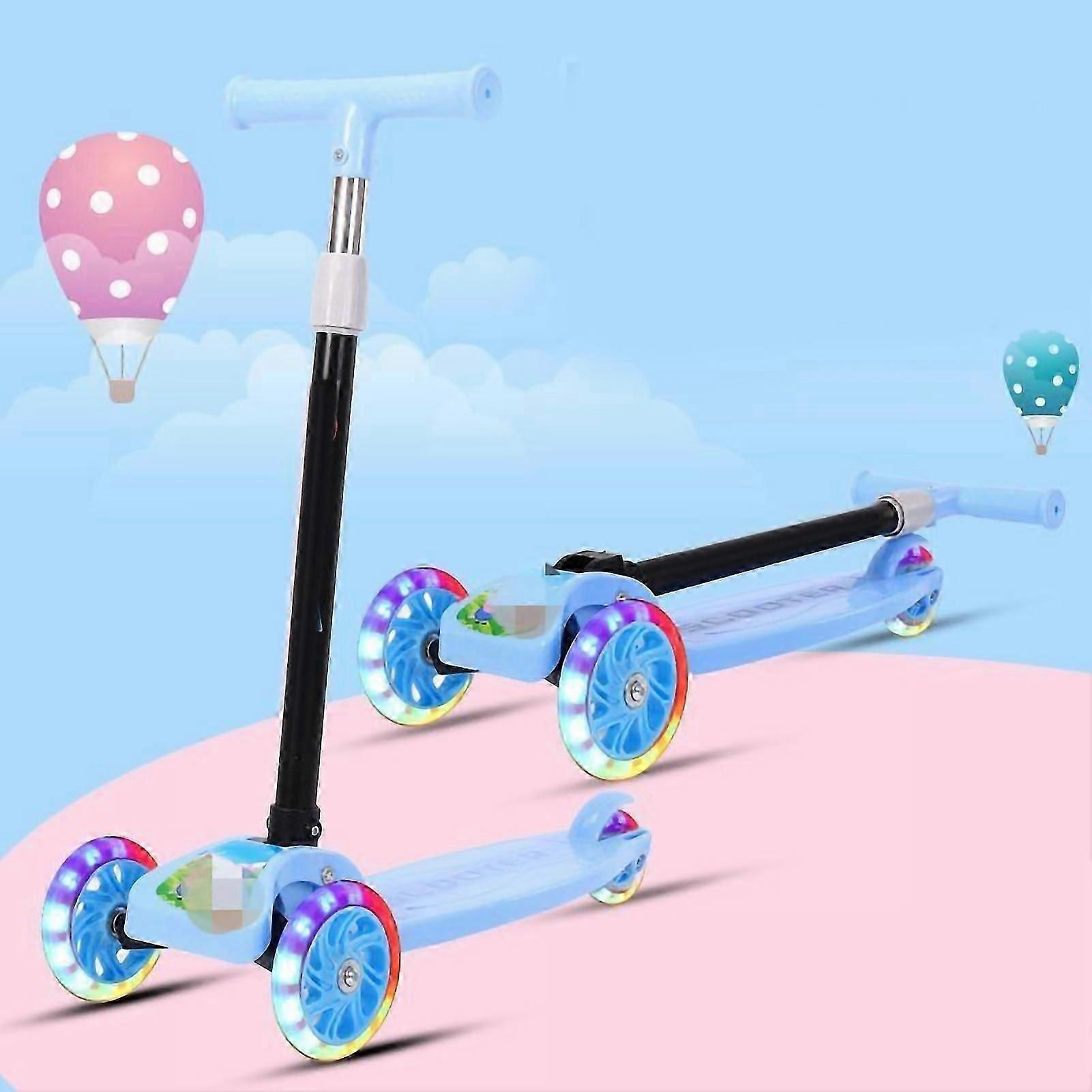 Sammenleggbar Barn Scooter 3 Blinkende Hjul Glider Push Justerbar Høyde Bred Deck For 2-8 År Gutter Jenter Blå
