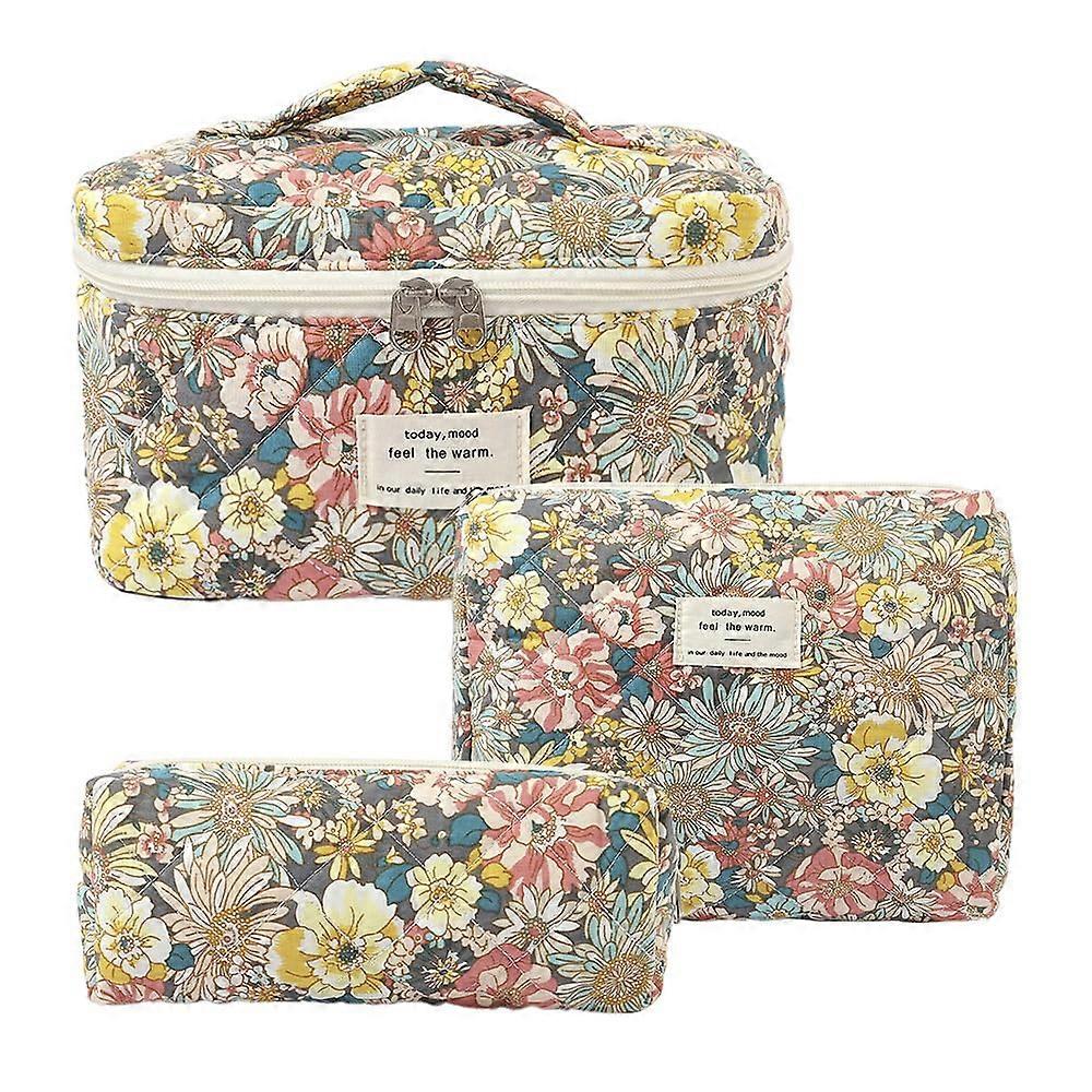 3PCS Makeup Bag Set Quilted Floral Cosmetic Bags for Women, Cotton Travel Toiletry Organizer with South Twigs Flower Design