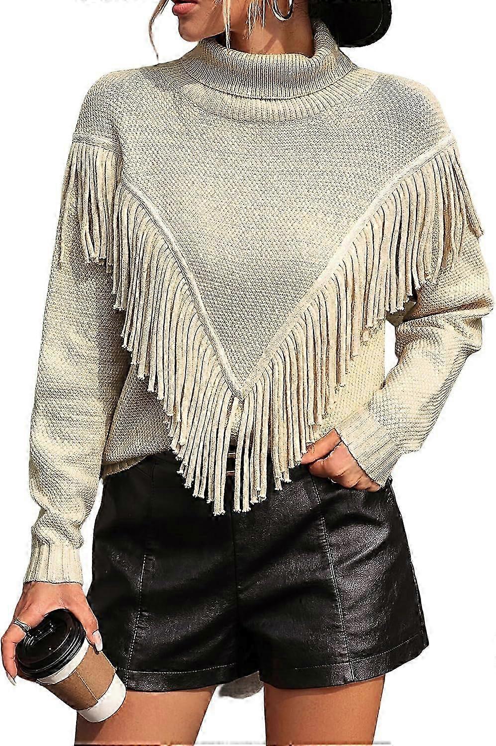 Women's Sweater Turtleneck Fringe Sweater Tops Long Sleeve Knit High Neck Pullover