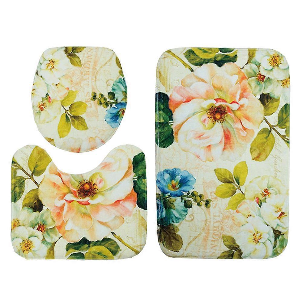Print Bath Mat Set Three Pieces Printed Pedestal Mat Set Non-Slip Easy to Clean Rectangular Chic Printed Patterns Multi-Colored 75x45x1cm 3Pcs