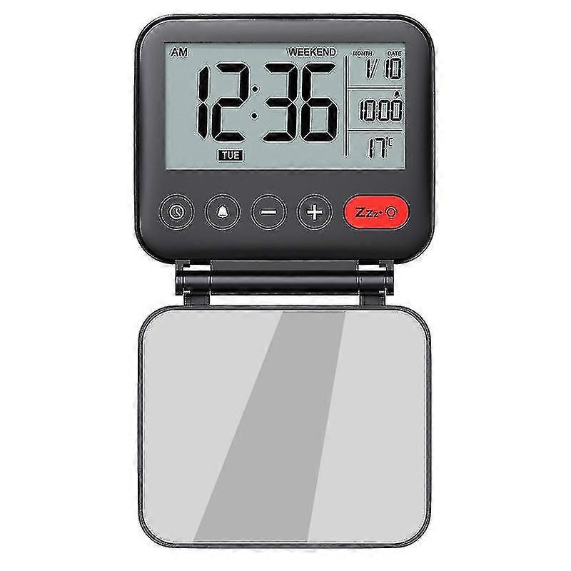 Mini Portable LCD Travel Alarm Clock with Backlit Calendar, 12/24h, Temperature, and Folding Makeup Mirror