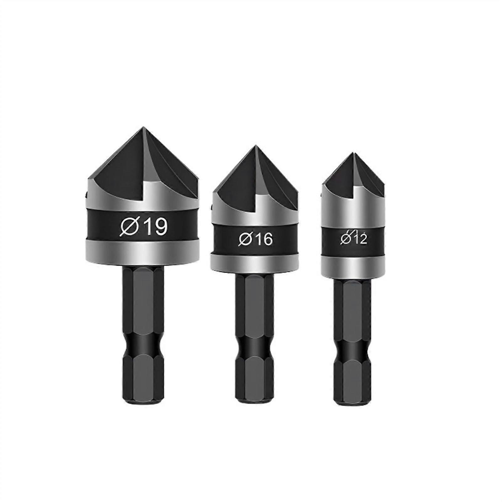 3PCS HSS Hexagon Shank Step Drill Bit Set, 90 Degree Carbon Steel Woodworking Tools, 3PCS Hexagonal Shank