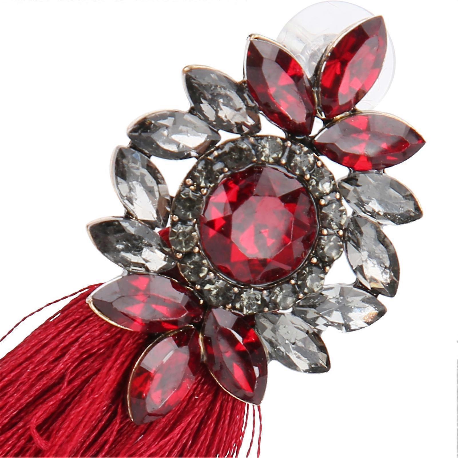 1 Pair Earrings Diamond Flower Shape Vintage Tassel Alloy Material Ear Studs Party DecorationRed