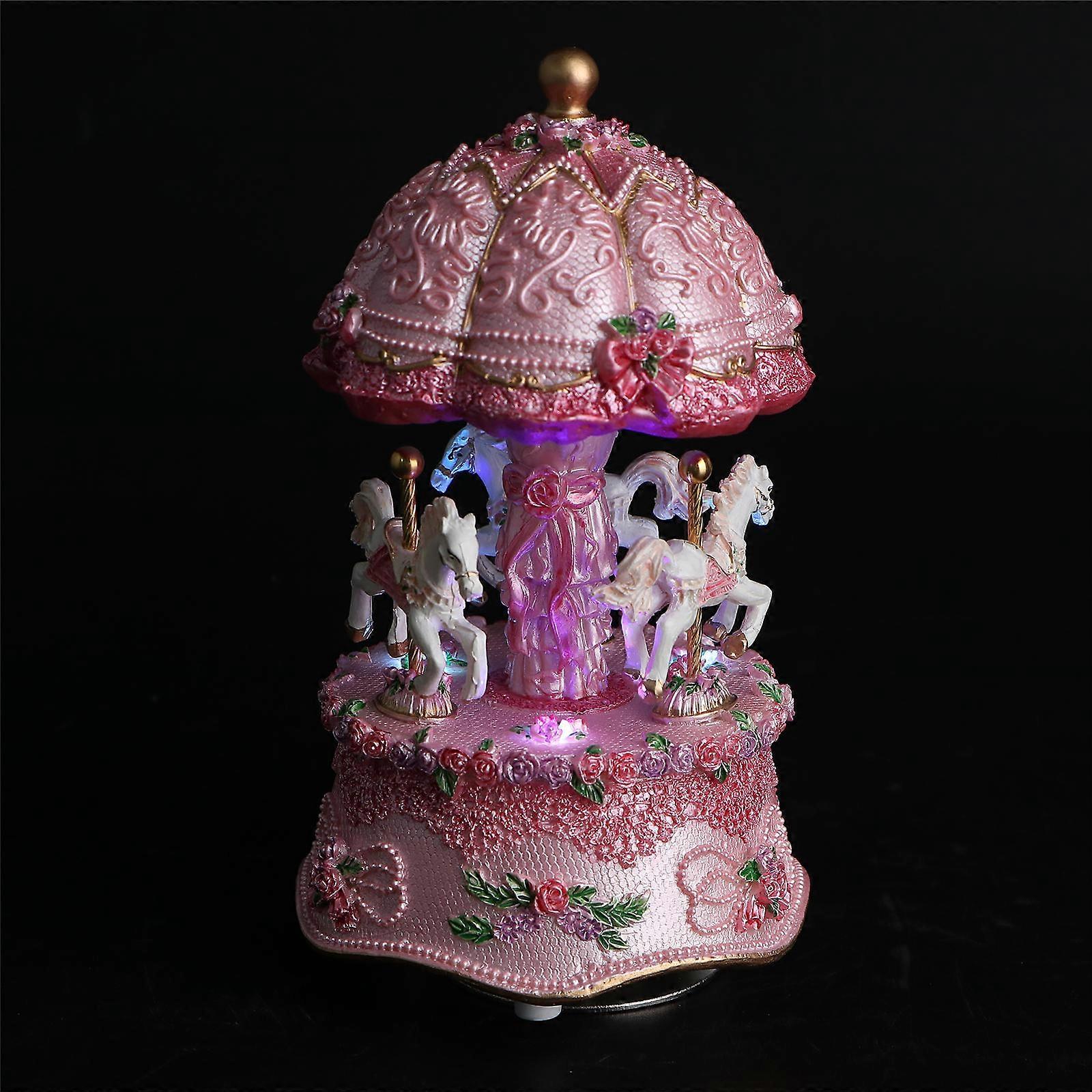 Pink Carousel Music Box with LED Light Strip Rotating Natural Resin Birthday Present