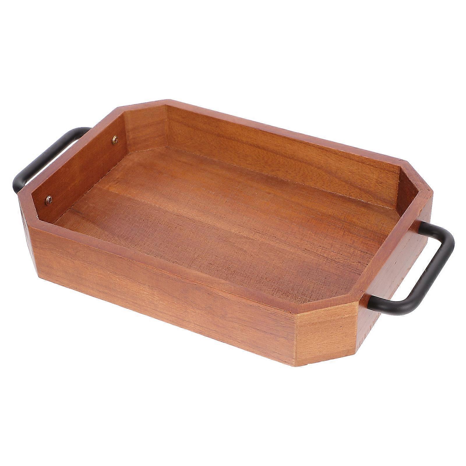 Wooden Food Serving Tray for Daily Use Coffee Color with Iron Handles and Smooth Surface 11.8 x 7.8 Inches