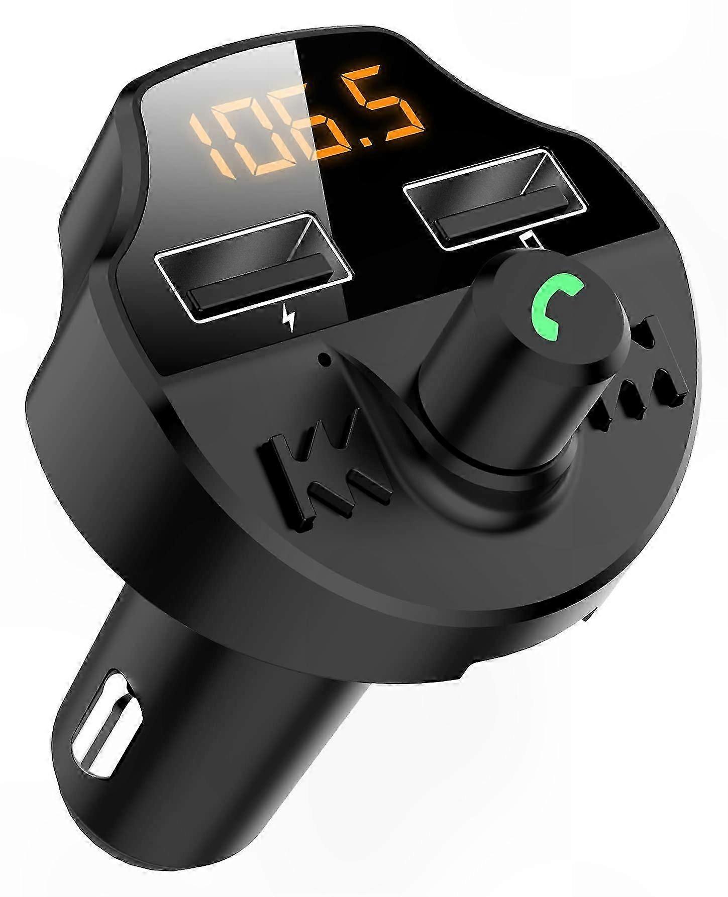Car Bluetooth FM Transmitter with Dual USB Charger, Hands-Free Calls, Music Playback via TF Card and USB Drive Support