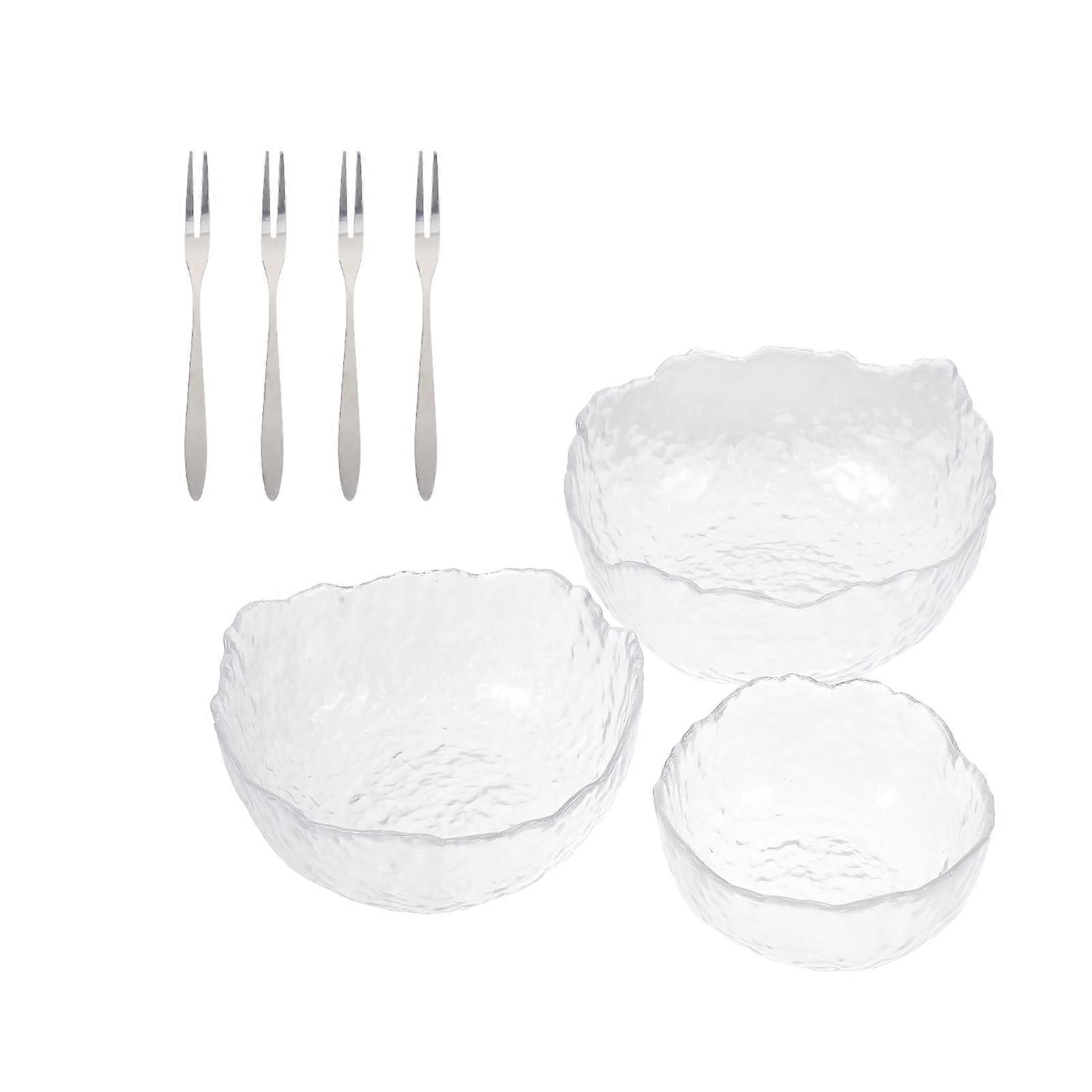 Serving Salad Bowl With Fork 3Set White Hammer Pattern Tableware Set Convenient For Portable Use And Housewarming