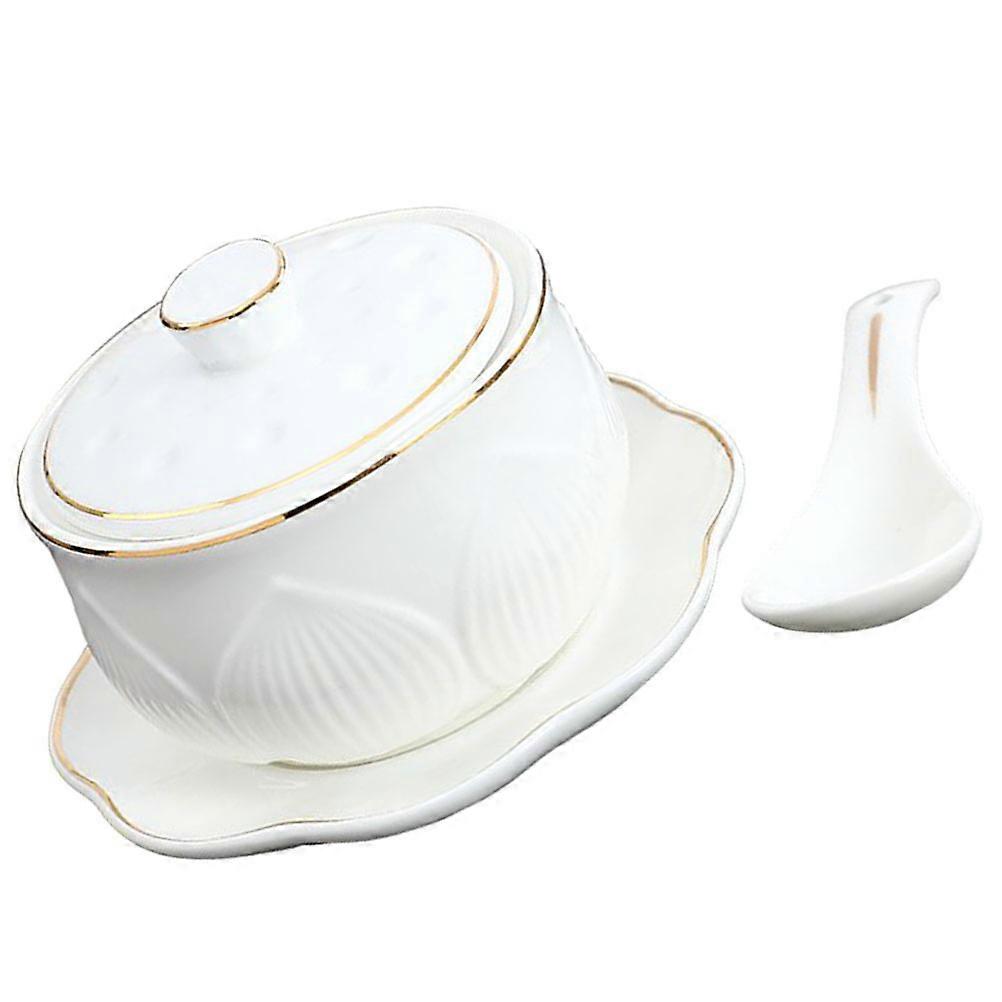 White Ceramic Soup Bowl with Lid for Home Use Multifunctional and Easy to Clean 1 Set Small Size
