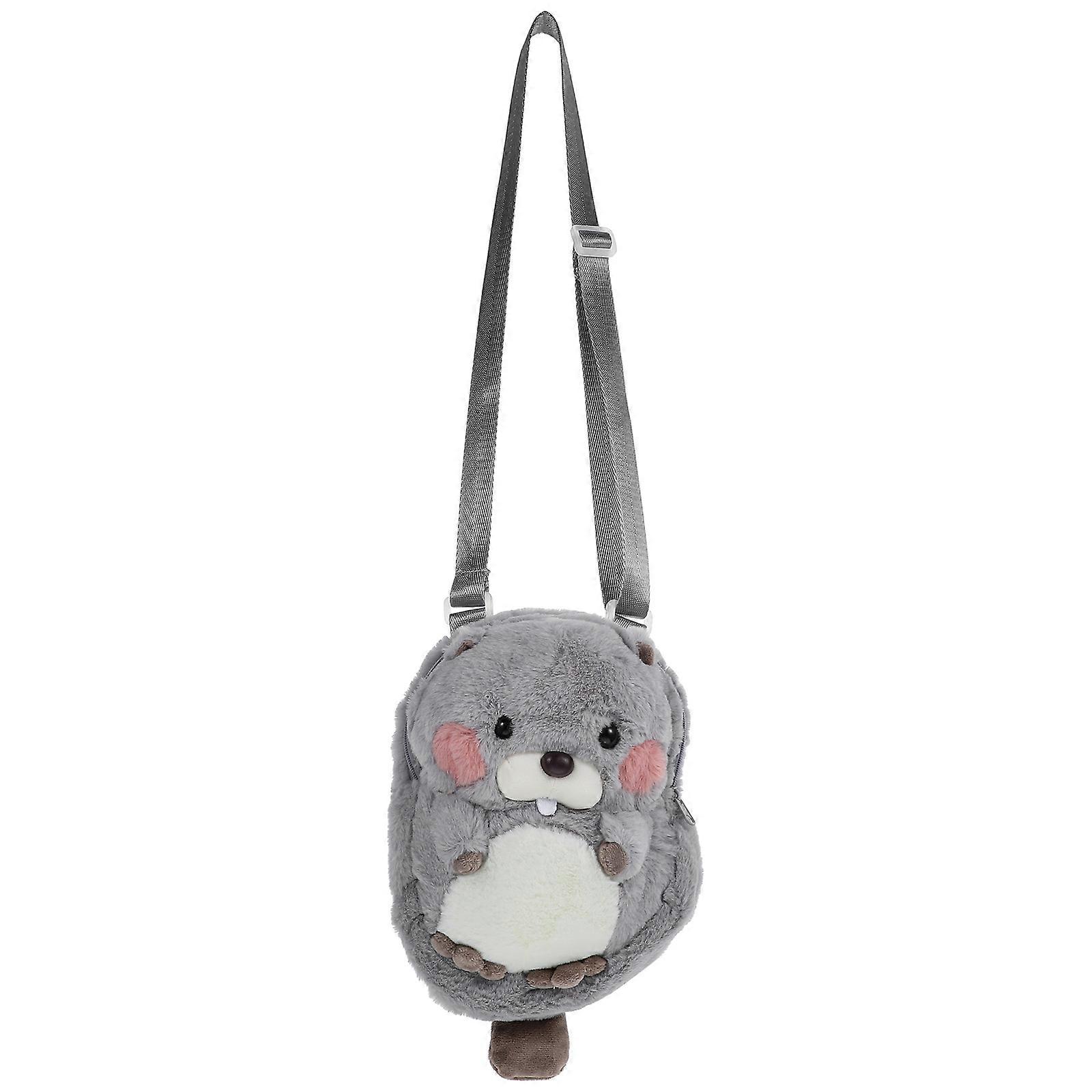 Plush Animal Design Crossbody Bag Christmas Gift Animal Shape Grey Plush Storage for Paper Towels Coins 1Set