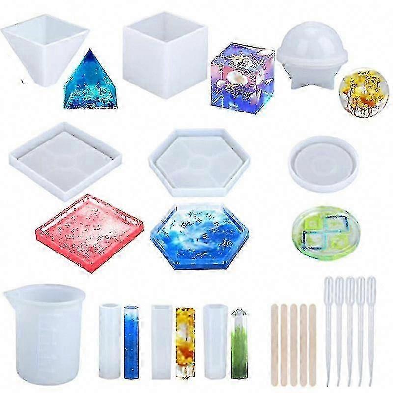 28 Pcs Resin Molds Silicone Set, Epoxy Resin Molds for DIY Casting Art with Measuring Cup, Stick, Screw Eye, Spherical & Cubic Shapes