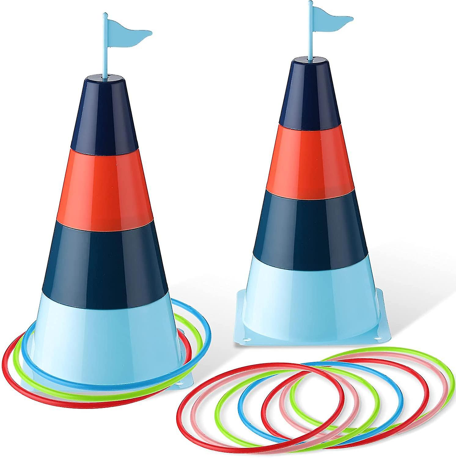 2 Sets Sport Ring Toss Game Set 18 Inches Plastic Traffic Cones 16 Pieces Multicolor Plastic Toss Rings Portable Carnival Outdoor Games Combo Set For