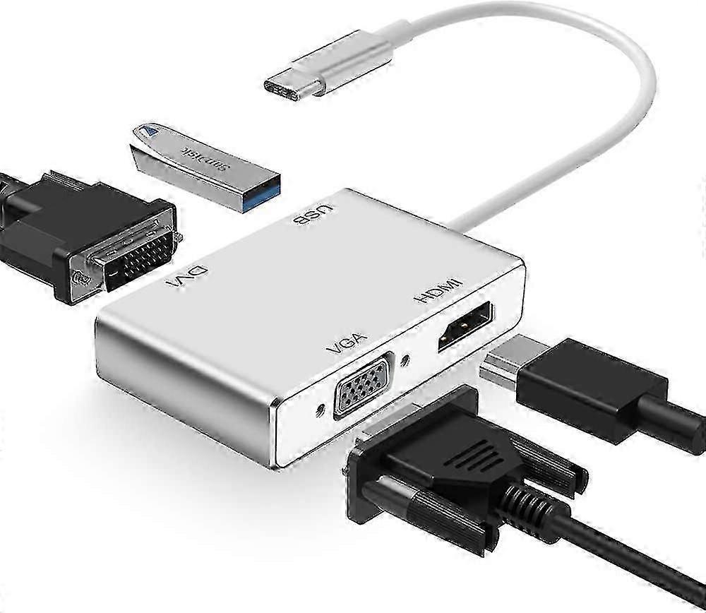 Usb C 转 HDMI Dvi Vga 适配器,4 合 1 Usb-C 集线器转 4k Hdmi、Vga、Dvi 视频适配器,公对母多显示器视频转换器