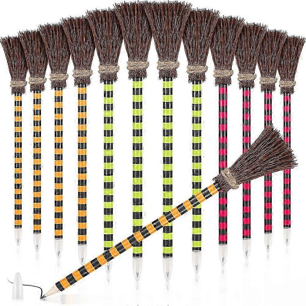 12-Pack Halloween Witch Broom Pencils, Colourful Wizard-Themed Writing Pens for Fun and Creativity