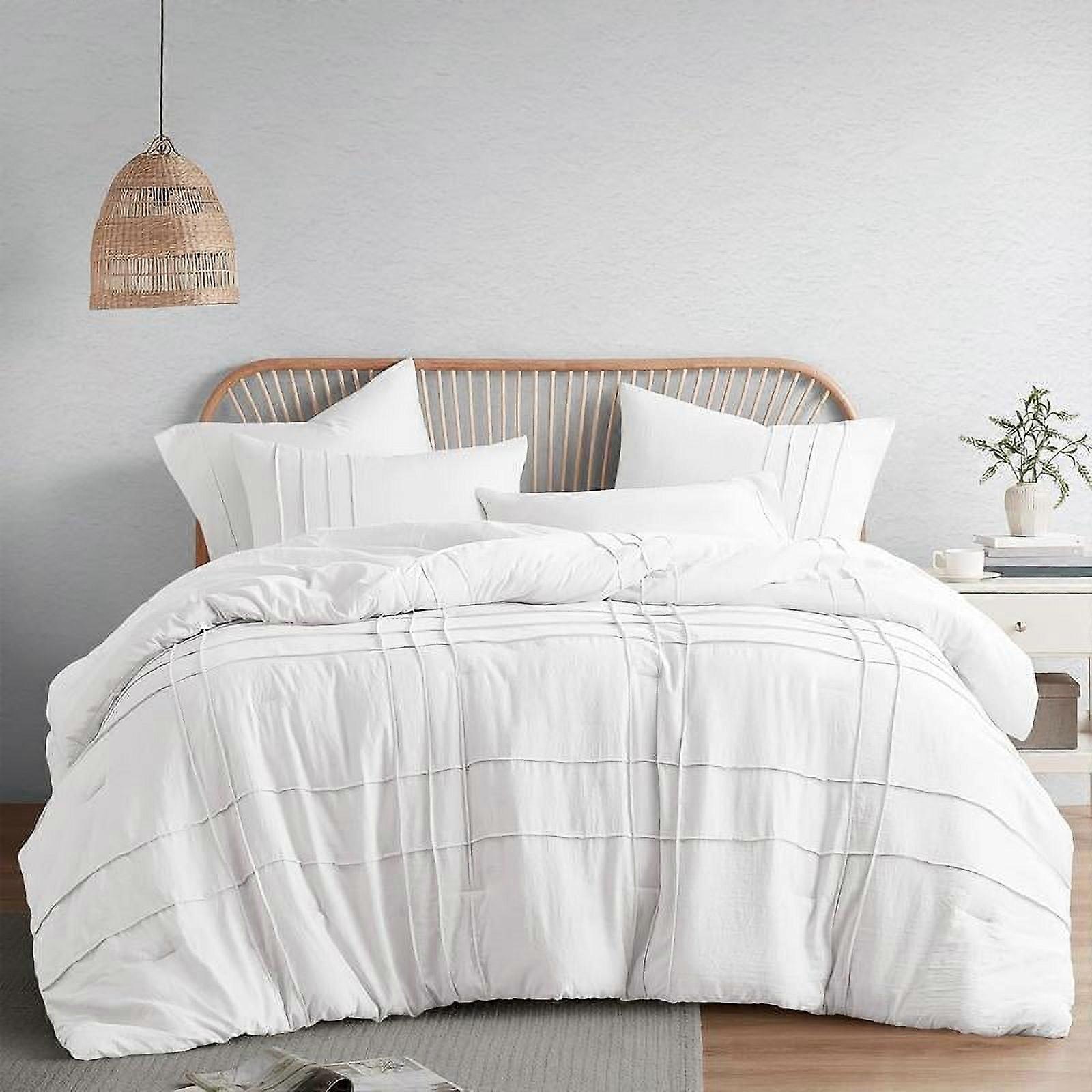 Soft Washed Pleated Comforter Set, Pintuck Farmhouse Bedding, Lightweight All Season Microfiber Bed Set with Shams