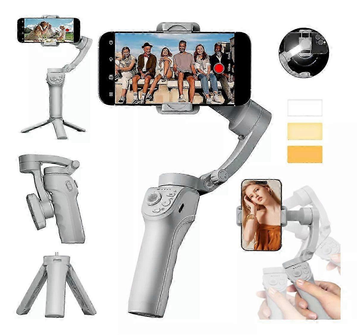 Compact Foldable Selfie Stick Gimbal with Integrated Light and Advanced Three-Axis Stabilization