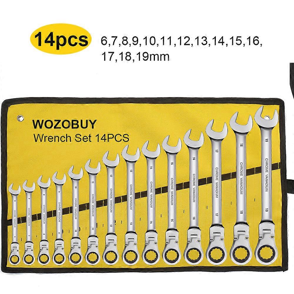 Ratcheting Combination Wrench Set, 6-23mm Metric Flex Head Ratcheting Wrench, Chrome Vanadium Steel Spanner with Bag