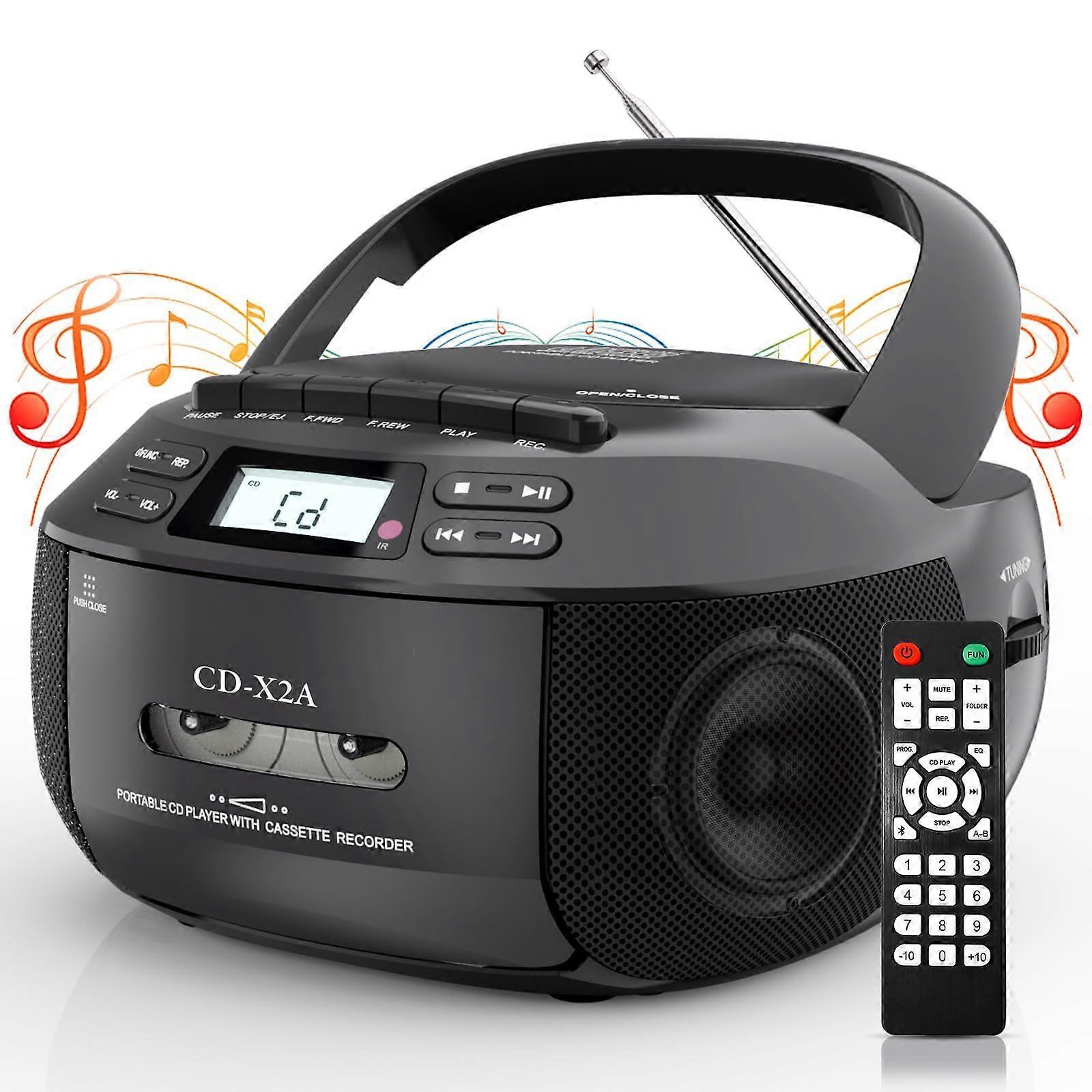 Portable CD Player Cassette Combo Tape CD MP3 USB FM Bluetooth LED Display Remote Control Black