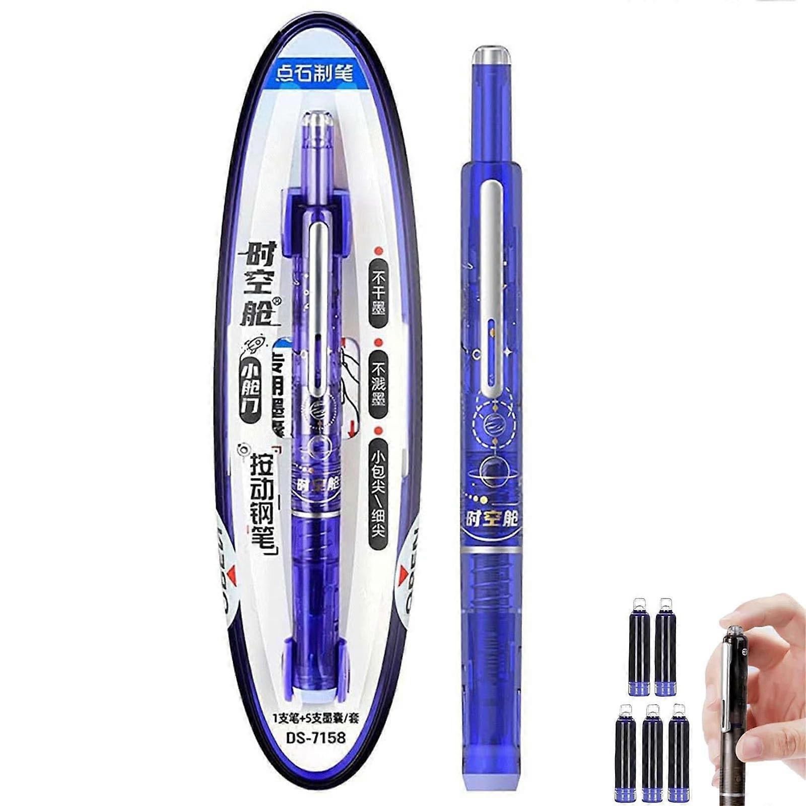 Retractable Fountain Pen 0.38mm Fine Nib, Transparent Barrel, Dark Blue, Includes 5 Refills, Leak Writing