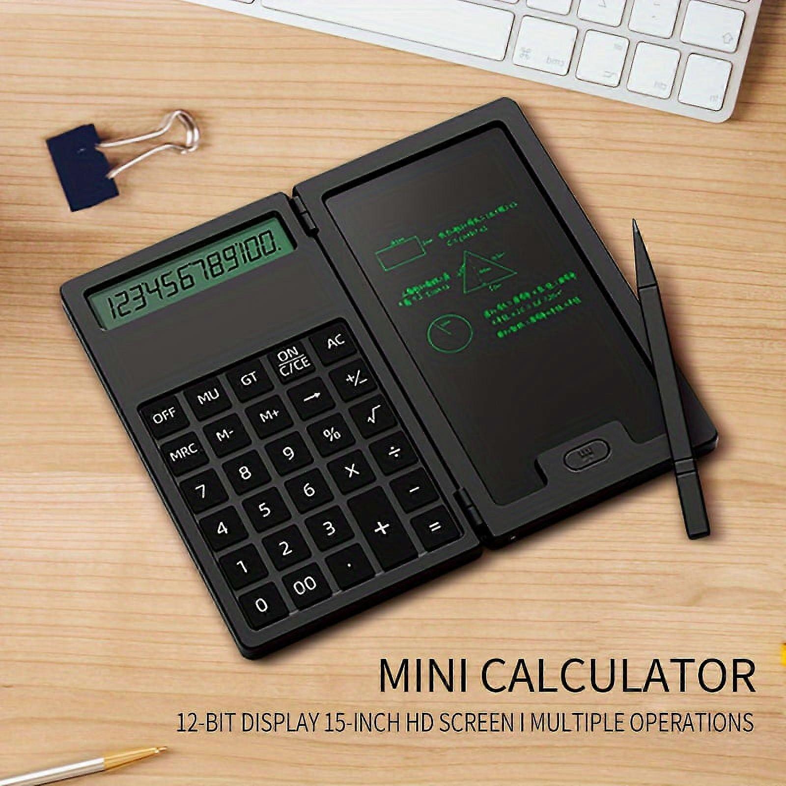 Mini Portable Calculator with Handwriting Pad, 12-digit LCD, Foldable Design, Dual Power for Learning & Office