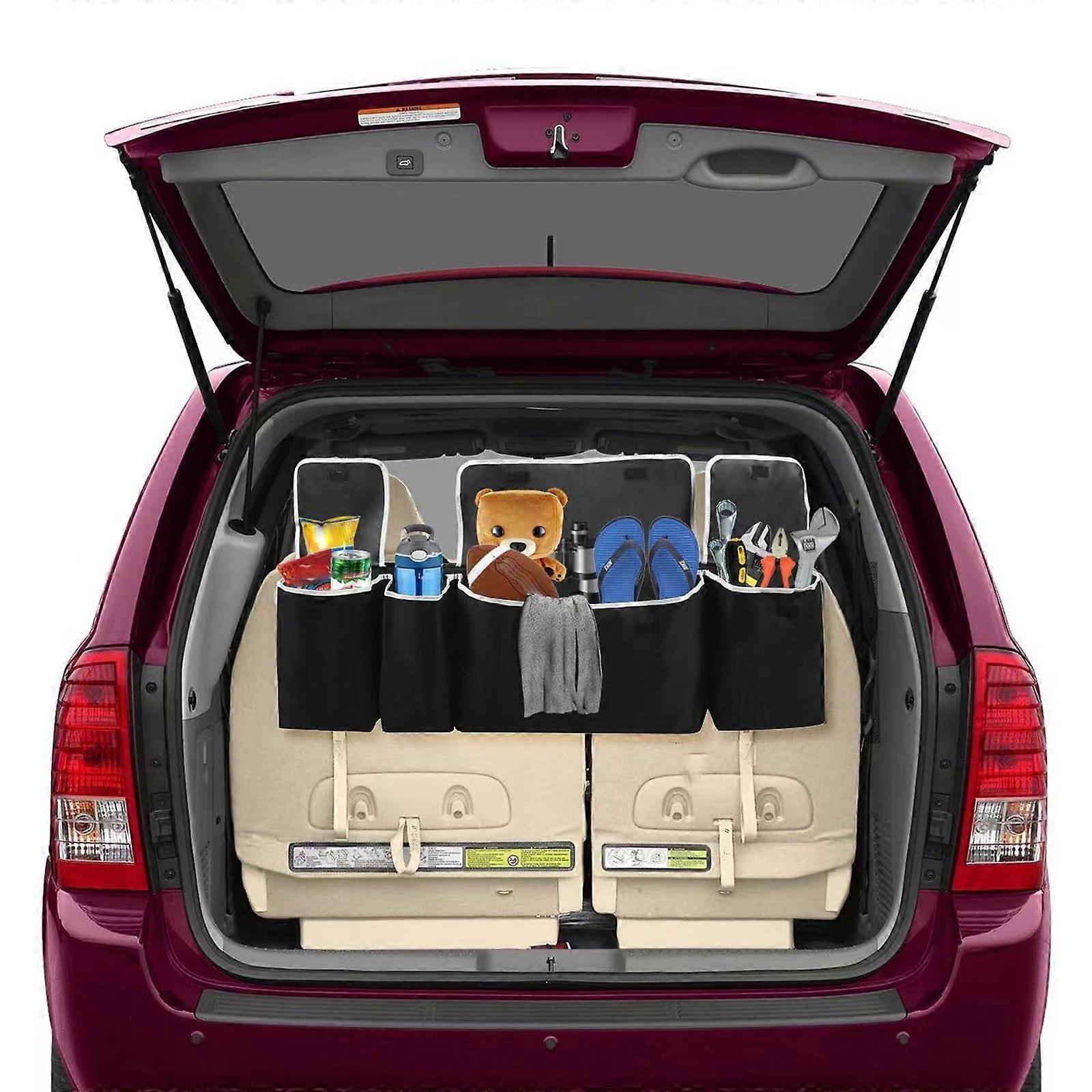 Car trunk organizer for SUV with backseat storage and hanging pockets