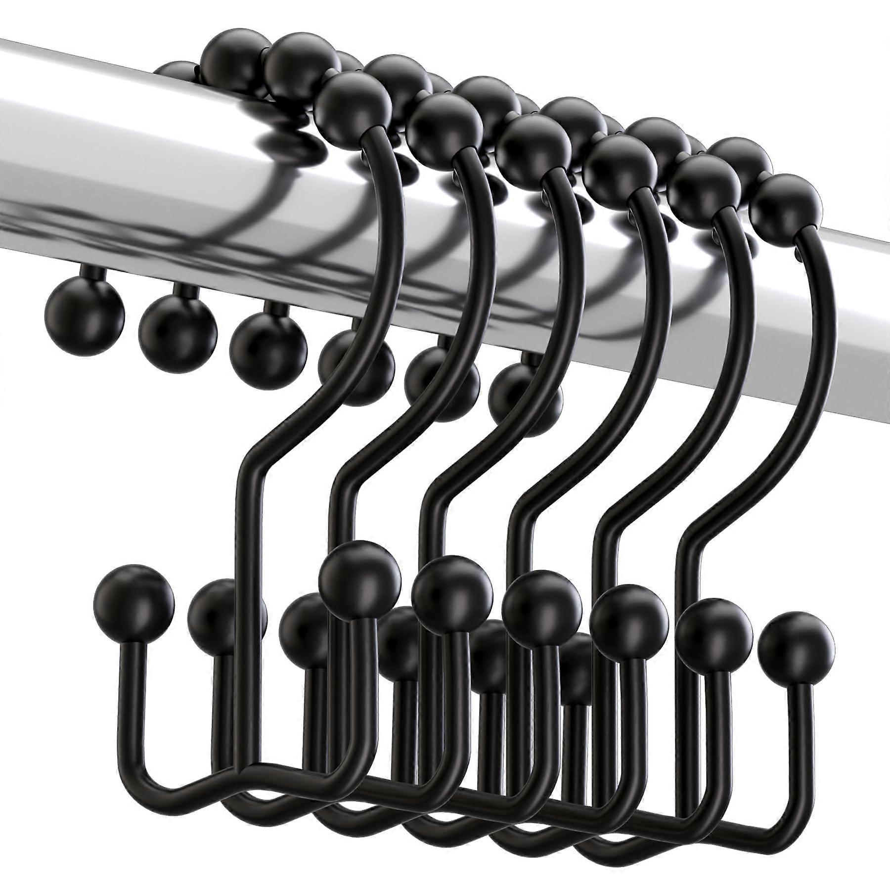 Shower Curtain Hooks, RustResistant Metal DoubleGlide, Black Finish, For Bathroom Shower Rods And Curtains, Set Of 12