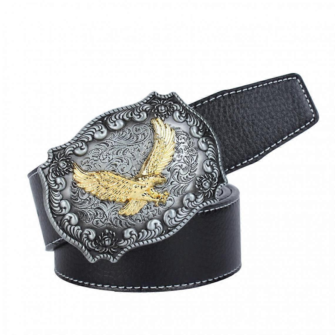 Men's Casual Eagle Pattern American Leather Belt Buckle Brown