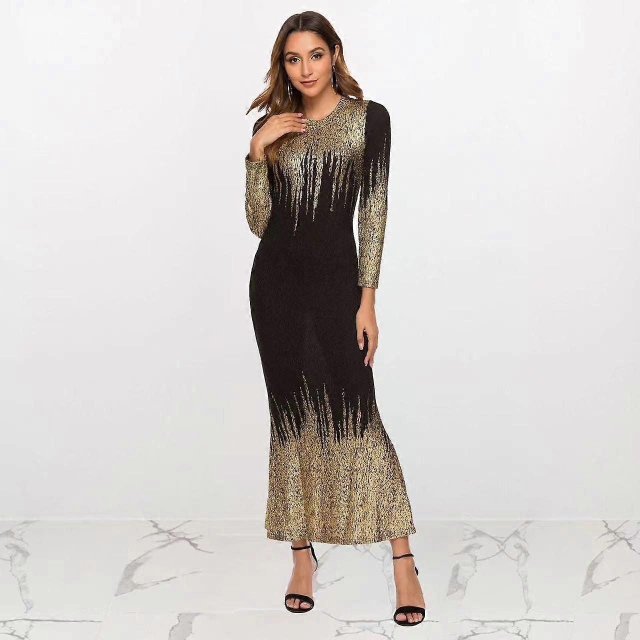 Elegant Long Dresses with Long Sleeves and Gradient Sequins Plus Size Evening Dresses Slim Fit Round Neck Mermaid with Gold Stamped