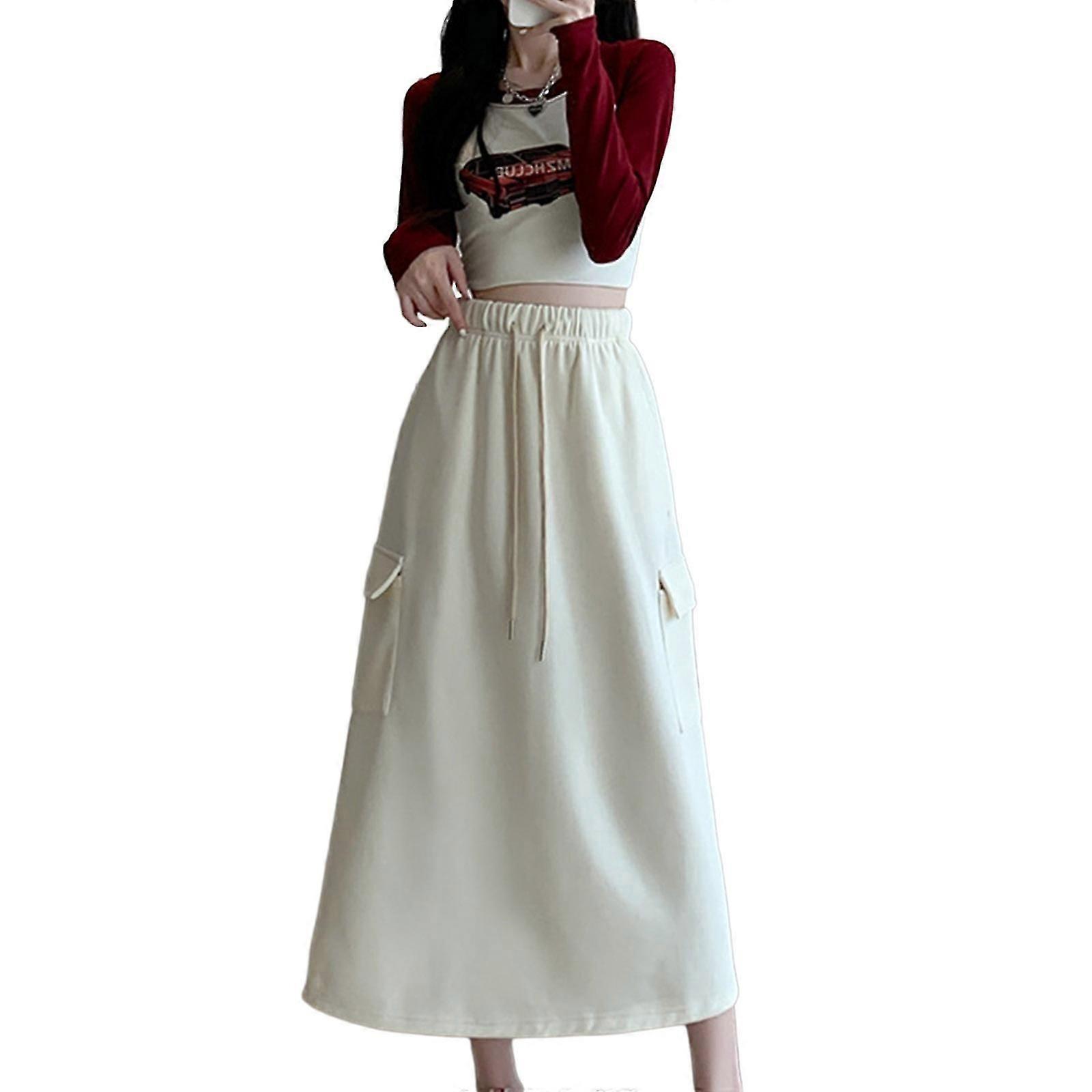 Women's High Waist A-Line Cargo Midi Skirt with Pockets, Light Grey XL