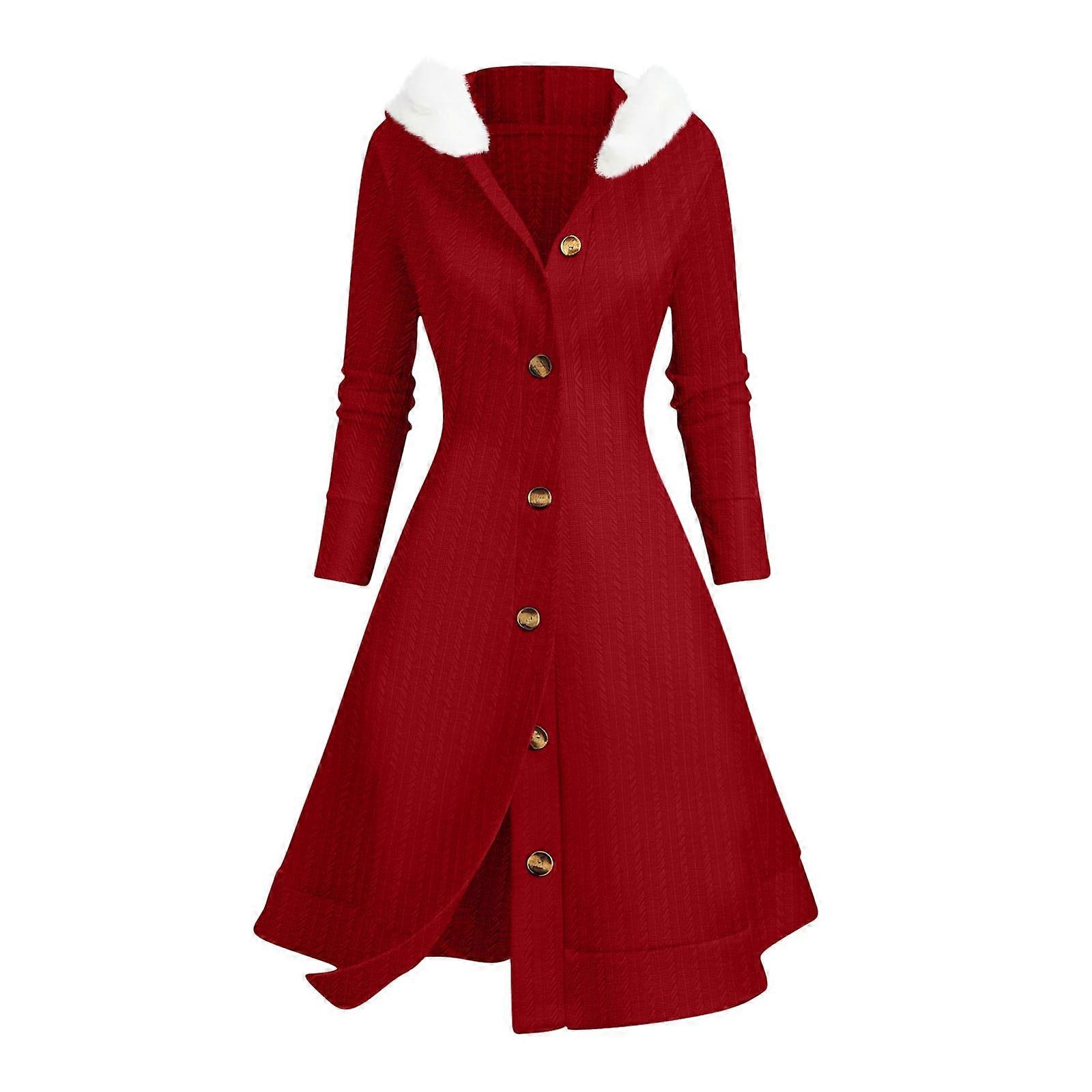 Cable Patchwork Hooded Button-Up Long Cardigan  Red S