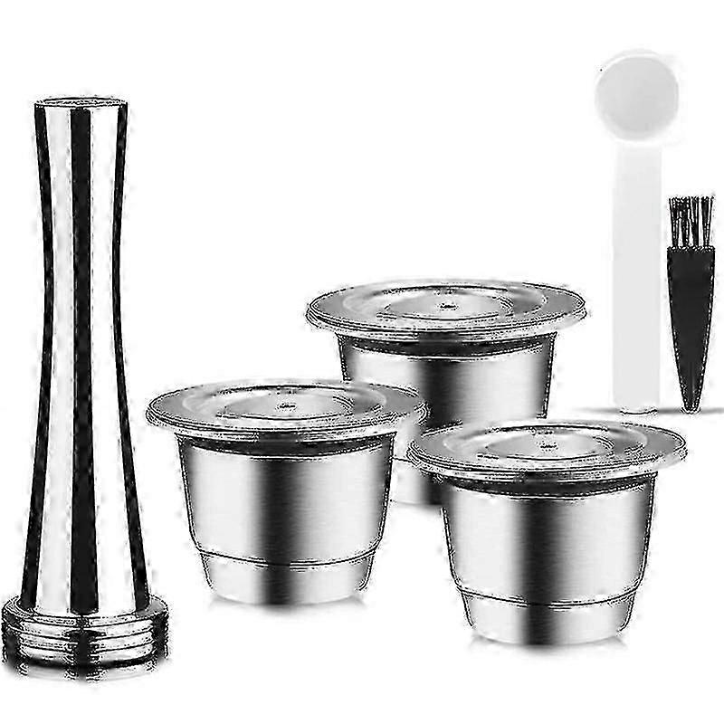 Capsules Reusable, Stainless Steel, 3 Pieces Refillable Pads For Nespresso + 1 Tamper + 1 Spoon + 1(kui)