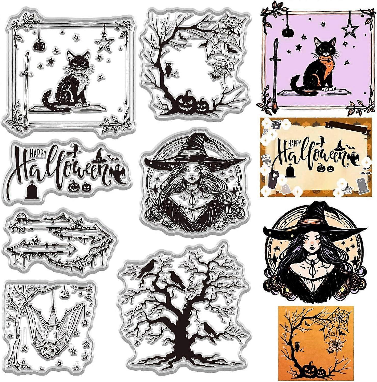 Witche Clear Stamp for Card Making Bird Bat Cat Tree Terror Rubber Silicone Reusable Transparent Seal for Envelope Journaling DIY Scrapbooking Embossi