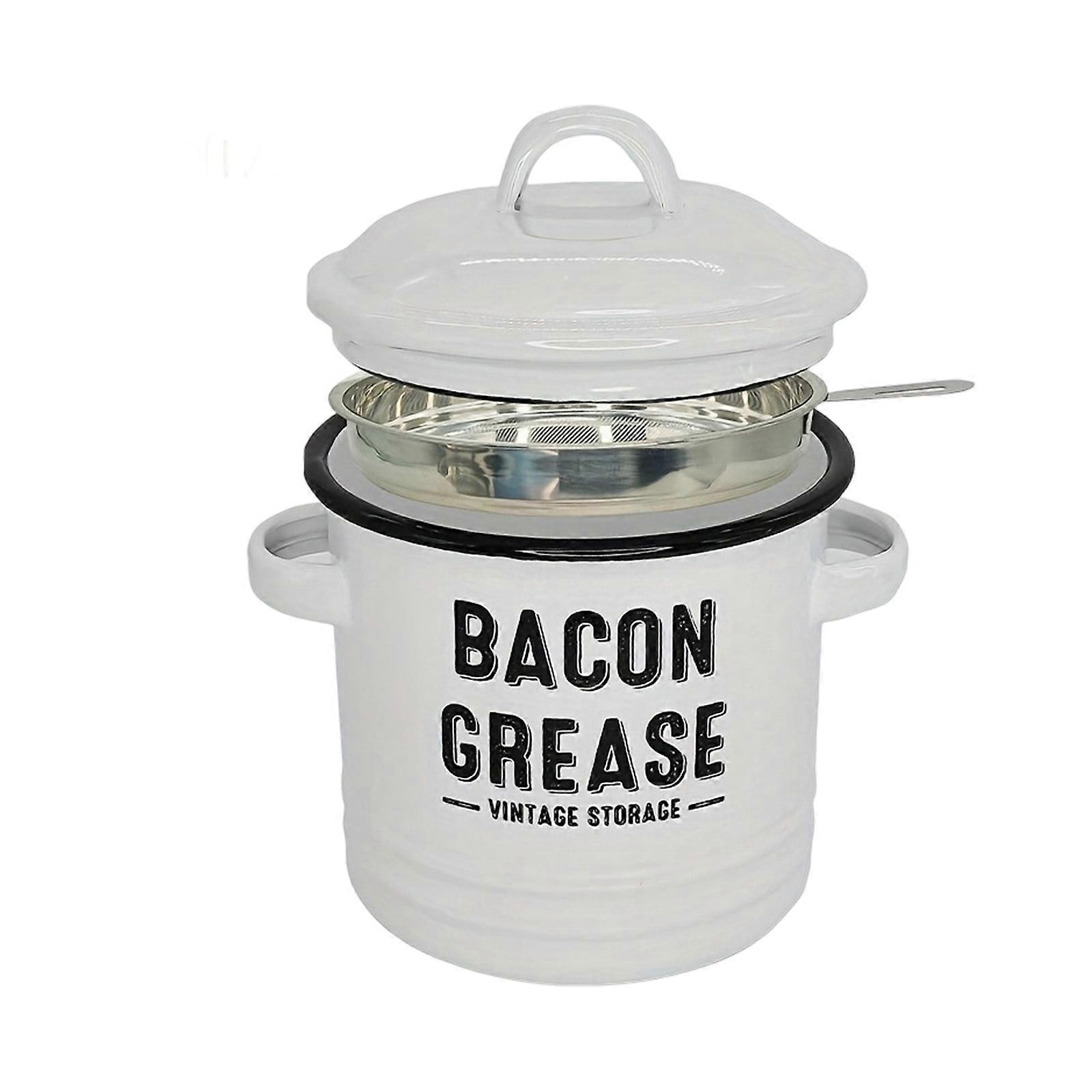 Double Handle Bacons Grease Container with Strainer and Spoon Kitchen Gadget Dishwasher Safe for Cooking Use  White