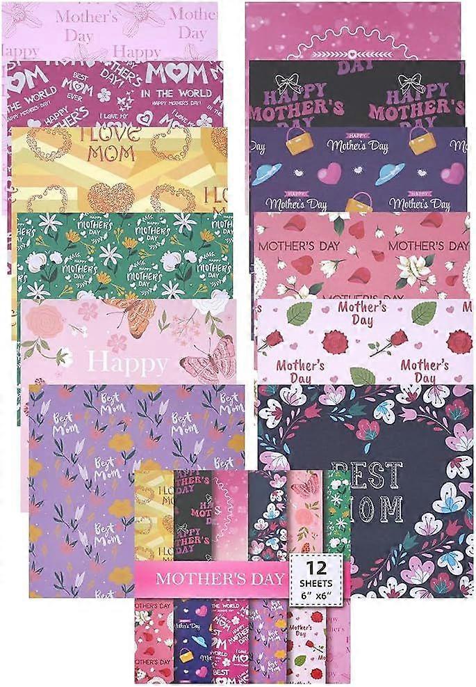 12Pcs Scrapbook Paper 150x150x0.1mm Multicolored Square Decorative Heart Pattern Floral Cardstock Crafting Card Making Photo Album Gift Wrapping Suppl