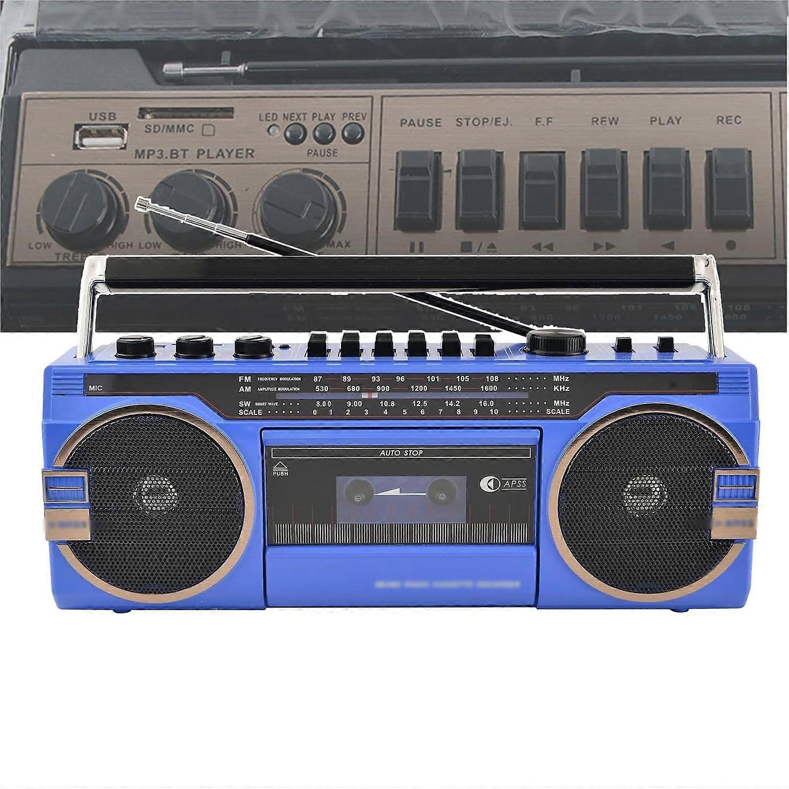 Vintage Cassette Player Recorder With SD Card USB TF Card Tape Support Dual Power Portable Boombox With Handle Blue